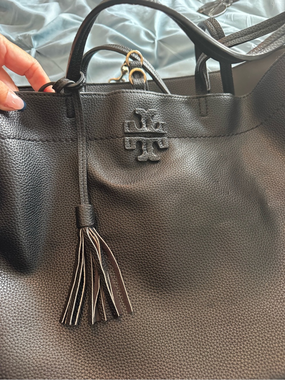 Tory Burch Black Pebbled Leather Tassel Tote